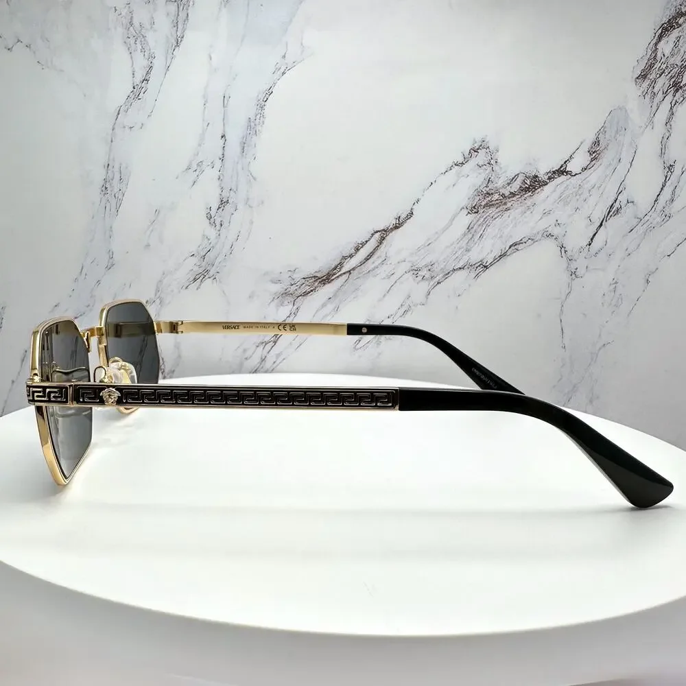 New VERSACE Sunglasses Gold Metal Rectangle Greca Logo Grey Lens Retro Authentic